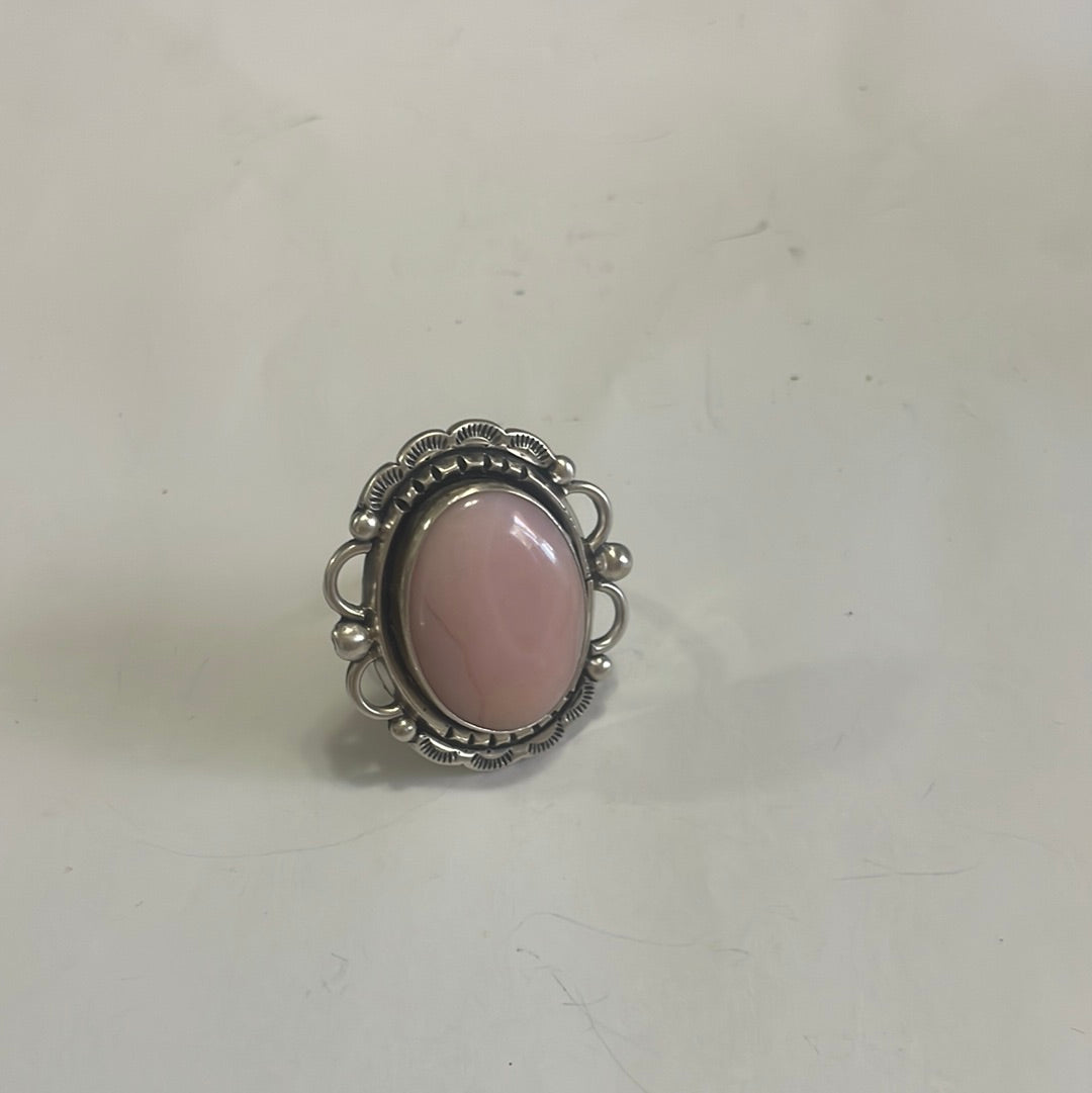 Gorgeous Navajo Pink Peruvian Opal And Sterling Silver Adjustable Ring