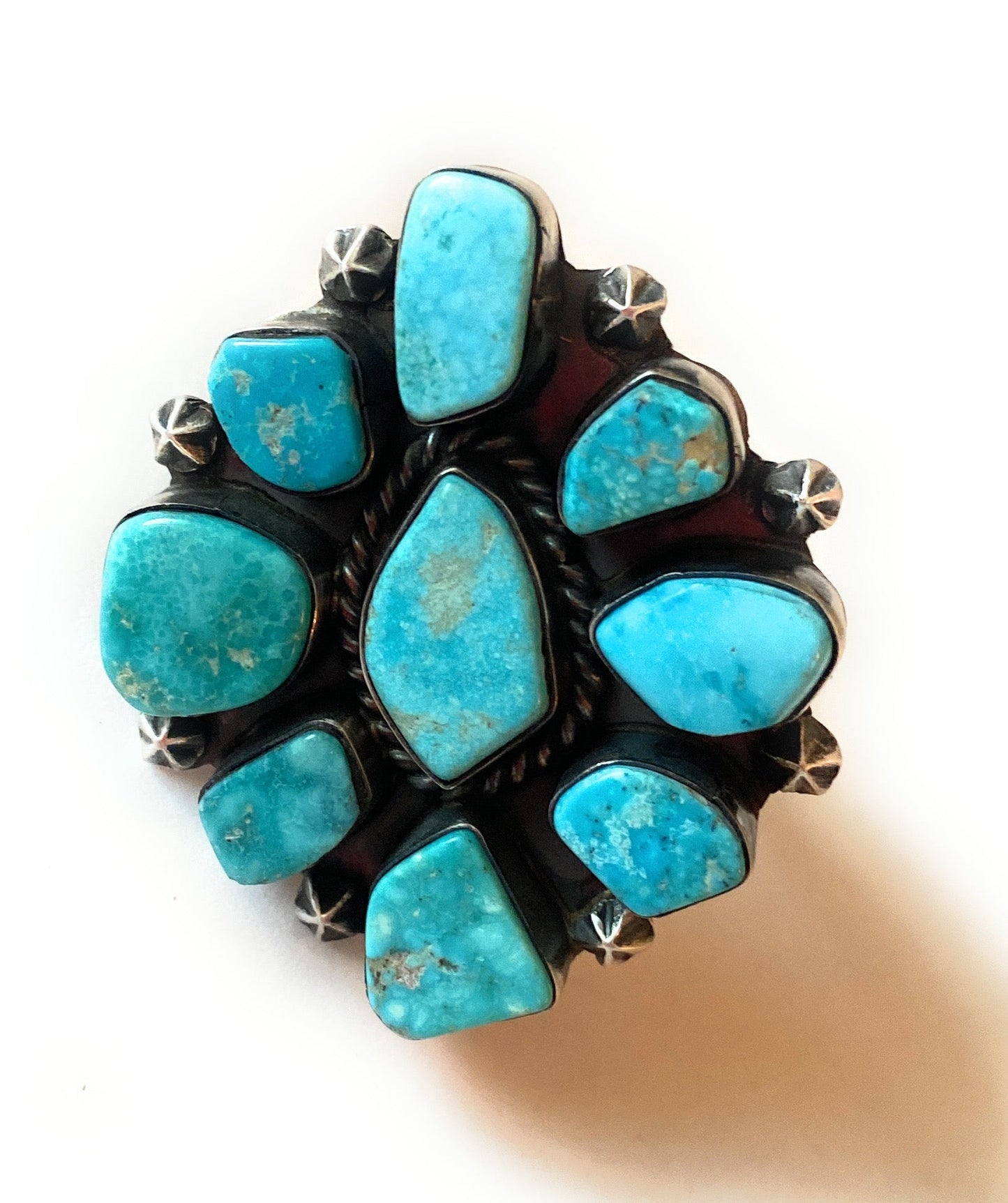 Handcrafted Kingman Turquoise & Sterling Silver Cluster Ring Size 8.5