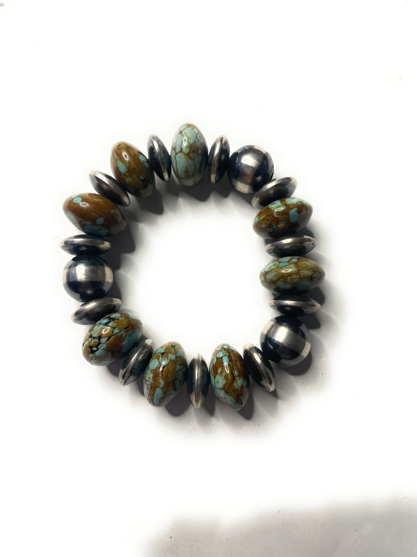 Handcrafted Sterling Silver Stretchy Natural #8 Turquoise Medium Beaded Bracelet 14 mm pearl