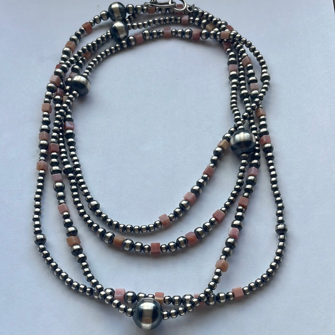 Handcrafted Pink Conch & Sterling Silver Beaded Necklace 72”