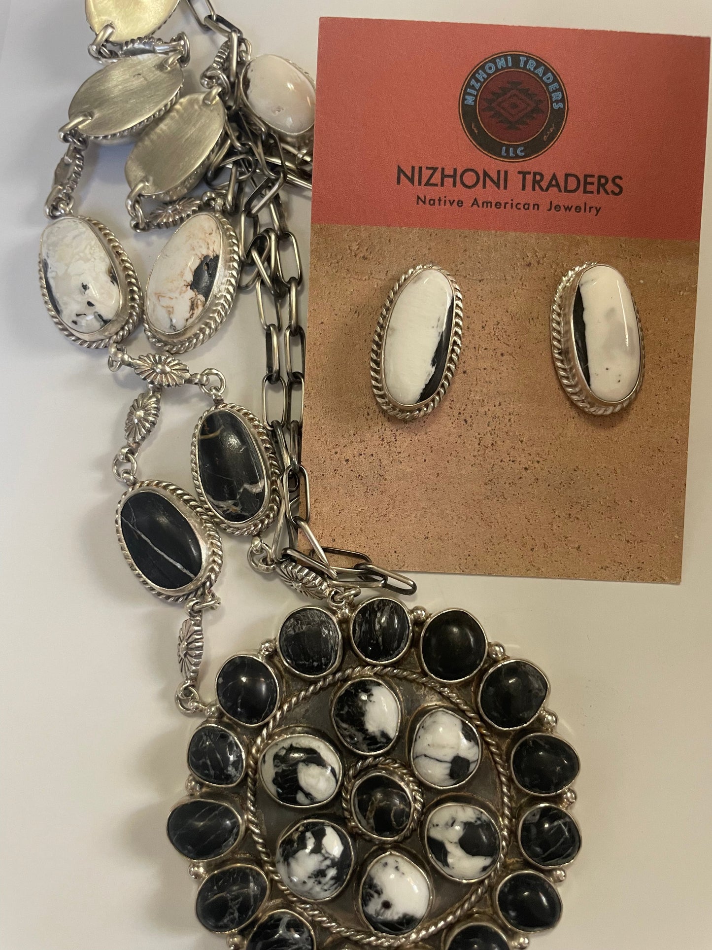 Handcrafted White Buffalo & Sterling Silver Necklace Earrings Set Signed