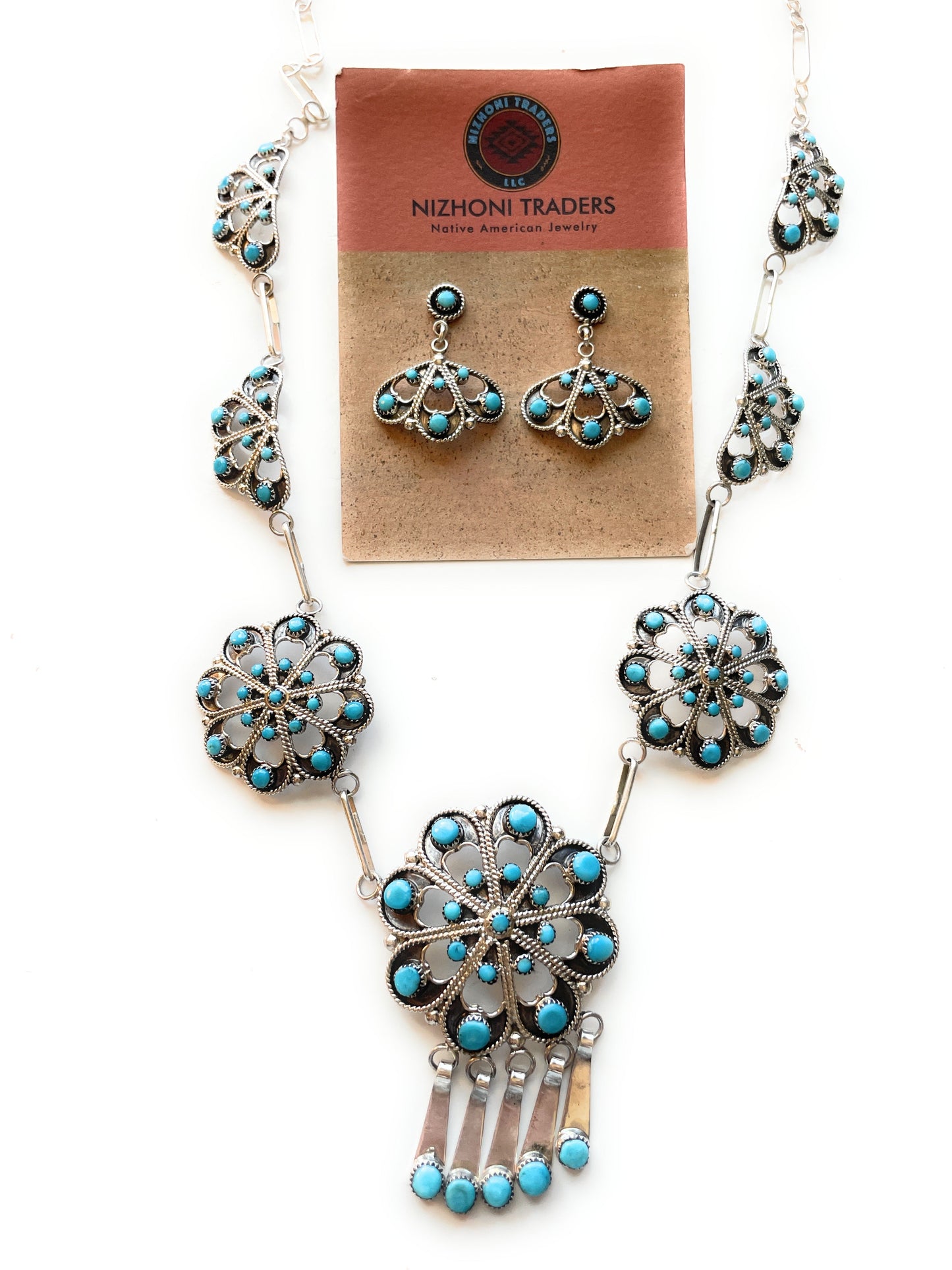 Handcrafted Sterling Silver & Turquoise Petit Point Necklace & Earring Set Signed