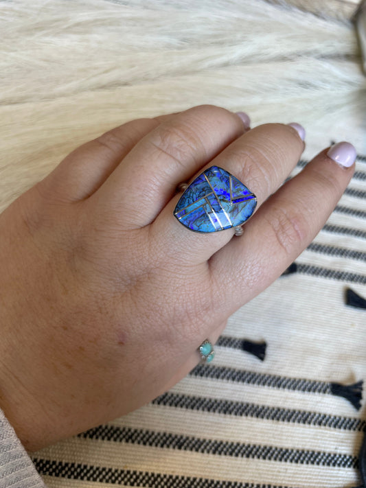 Handcrafted Sterling Silver & Blue Opal Inlay Ring Size 9.5