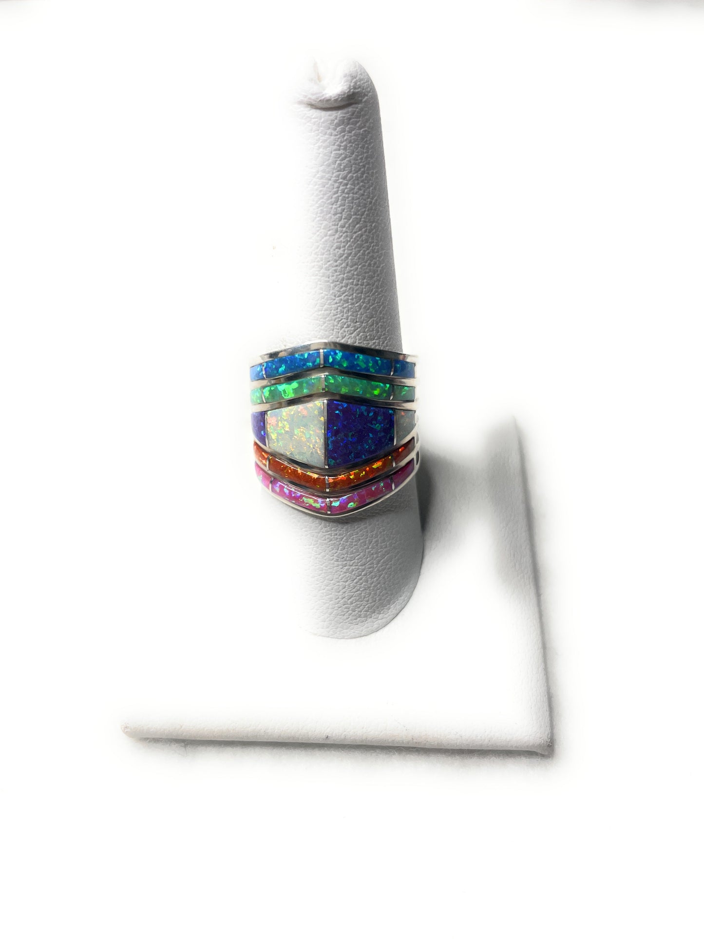 Handcrafted Multi Stone Opal & Sterling Silver Wide Band Ring Signed