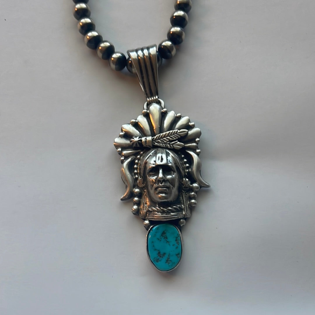 Beautiful Handcrafted Sterling Silver & Turquoise Chief Pendant Signed Russell Sam