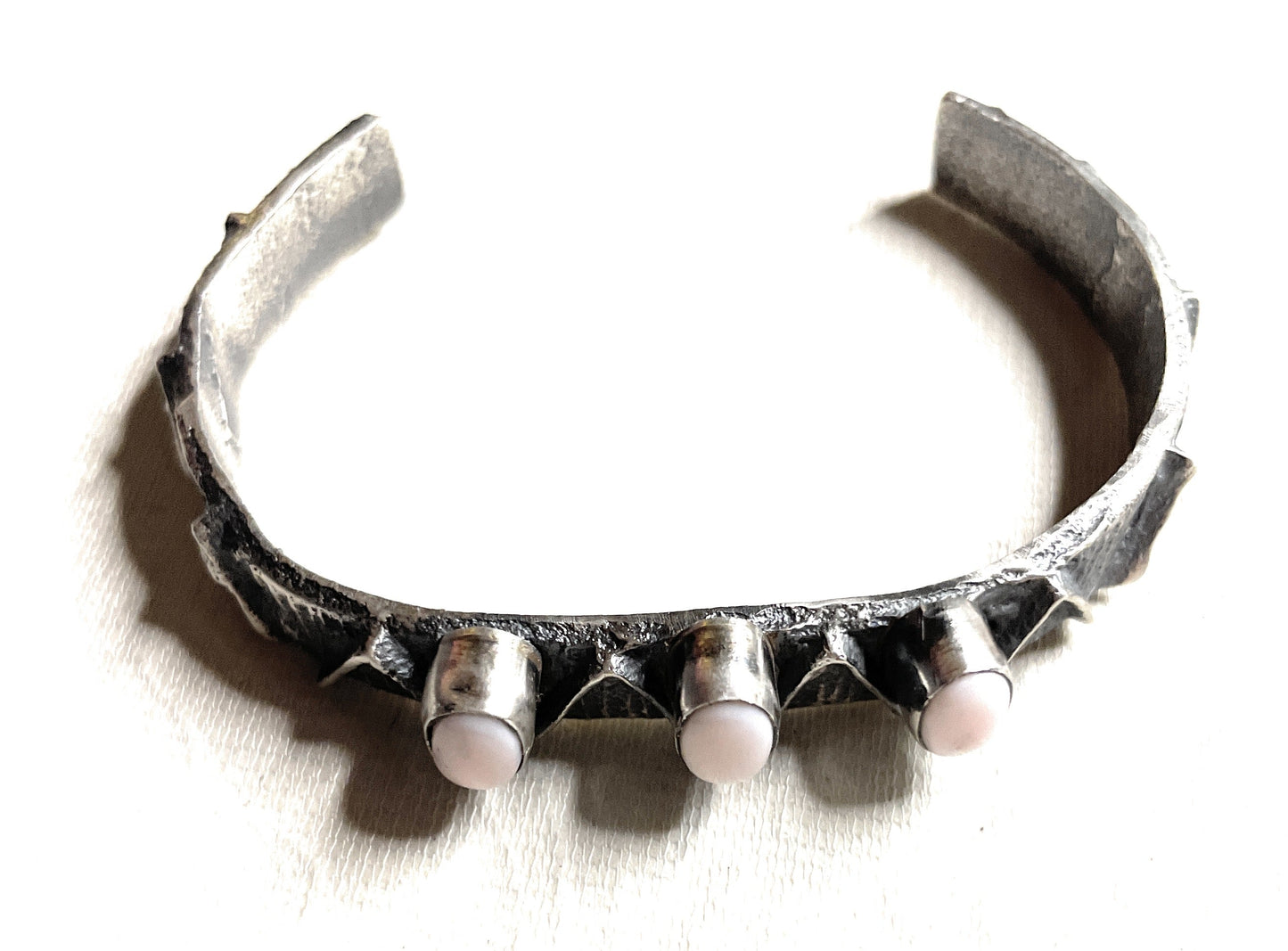 Handcrafted Pink Conch & Sterling Silver Tufa Cast Cuff Bracelet Signed