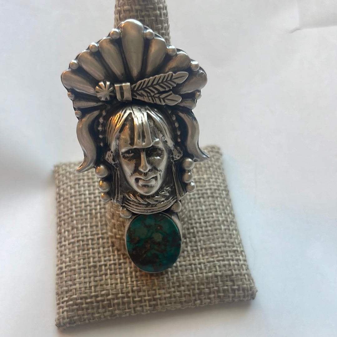 Beautiful Handcrafted Sterling Silver & Turquoise Chief Adjustable Ring Signed Russell Sam