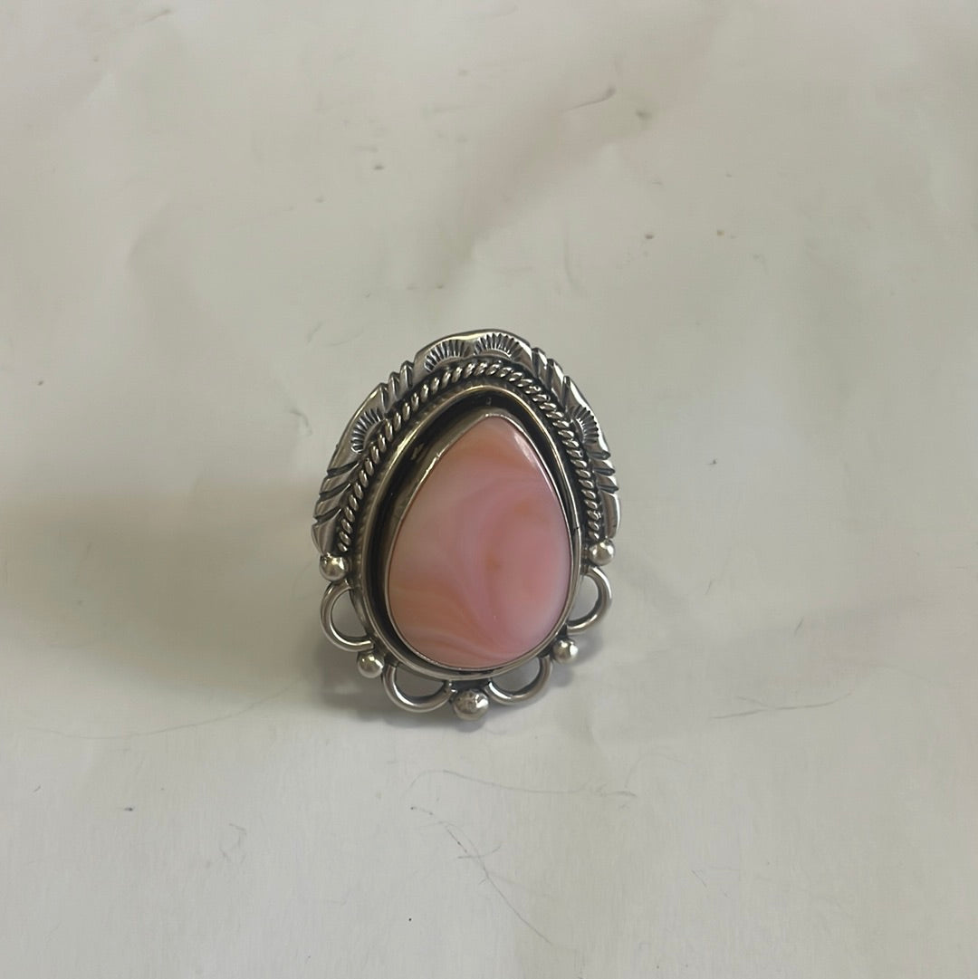 Gorgeous Handcrafted Pink Peruvian Opal And Sterling Silver Adjustable Ring