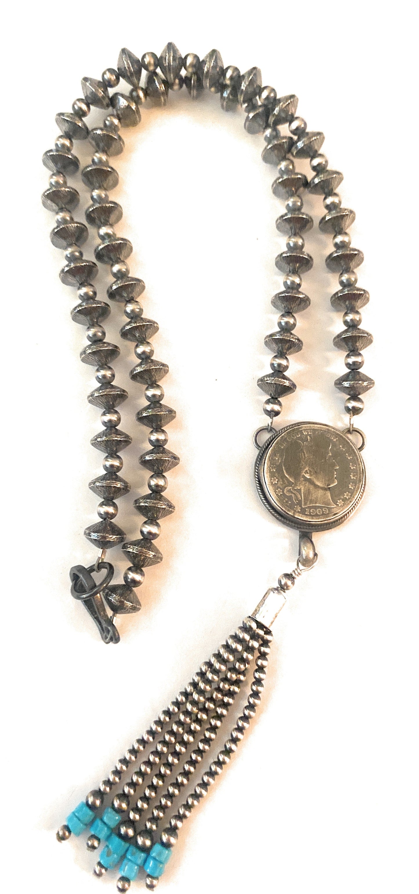 Handcrafted Turquoise & Sterling Silver Pearl Beaded Coin Tassel Necklace