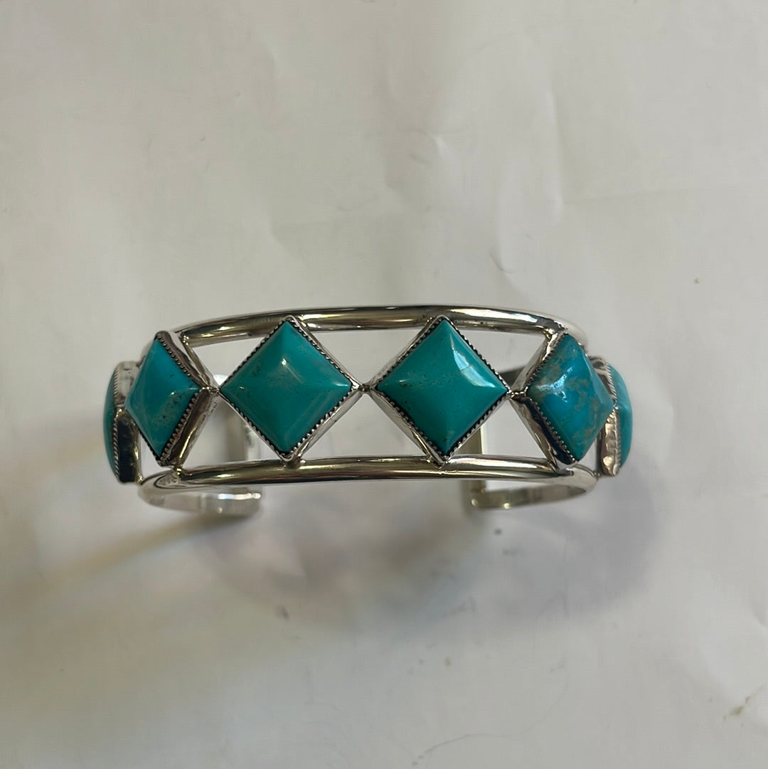 Handcrafted 6 Stone Diamond Shape Turquoise & Sterling Silver Cuff Bracelet Signed /