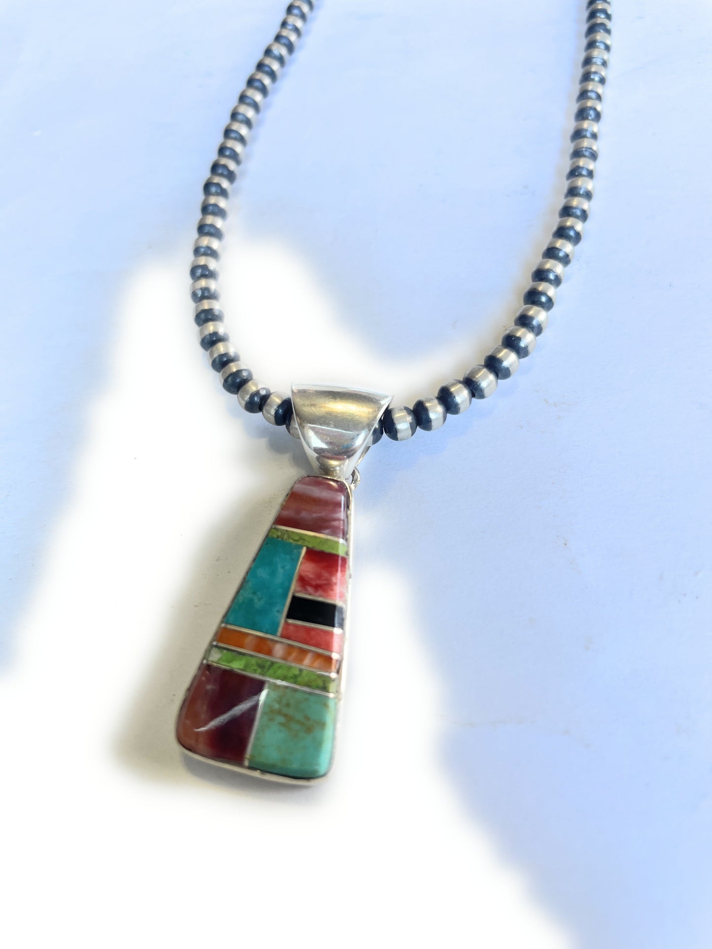 Handcrafted Multi Stone Inlay & Sterling Silver Pendant Signed