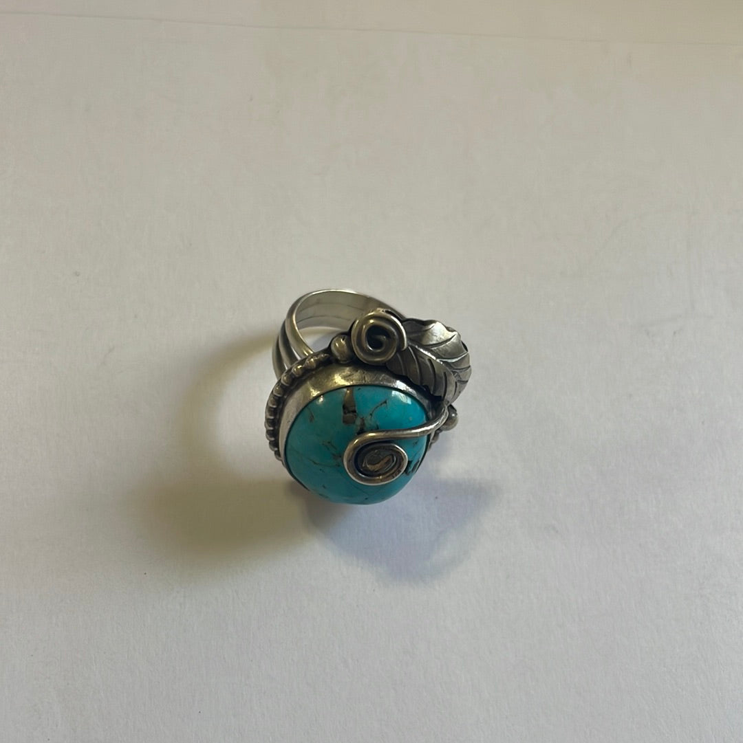 Handcrafted Turquoise & Sterling Silver Feather Ring Signed Size 7.25
