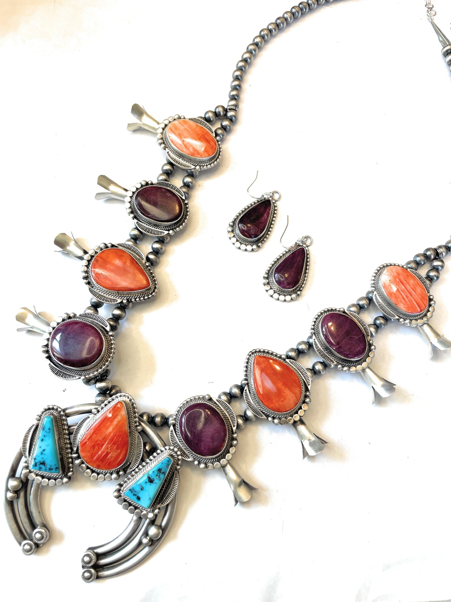 Handcrafted Turquoise, Spiny Oyster And Sterling Silver Squash Blossom Necklace & Earrings Set By Tom Lewis*
