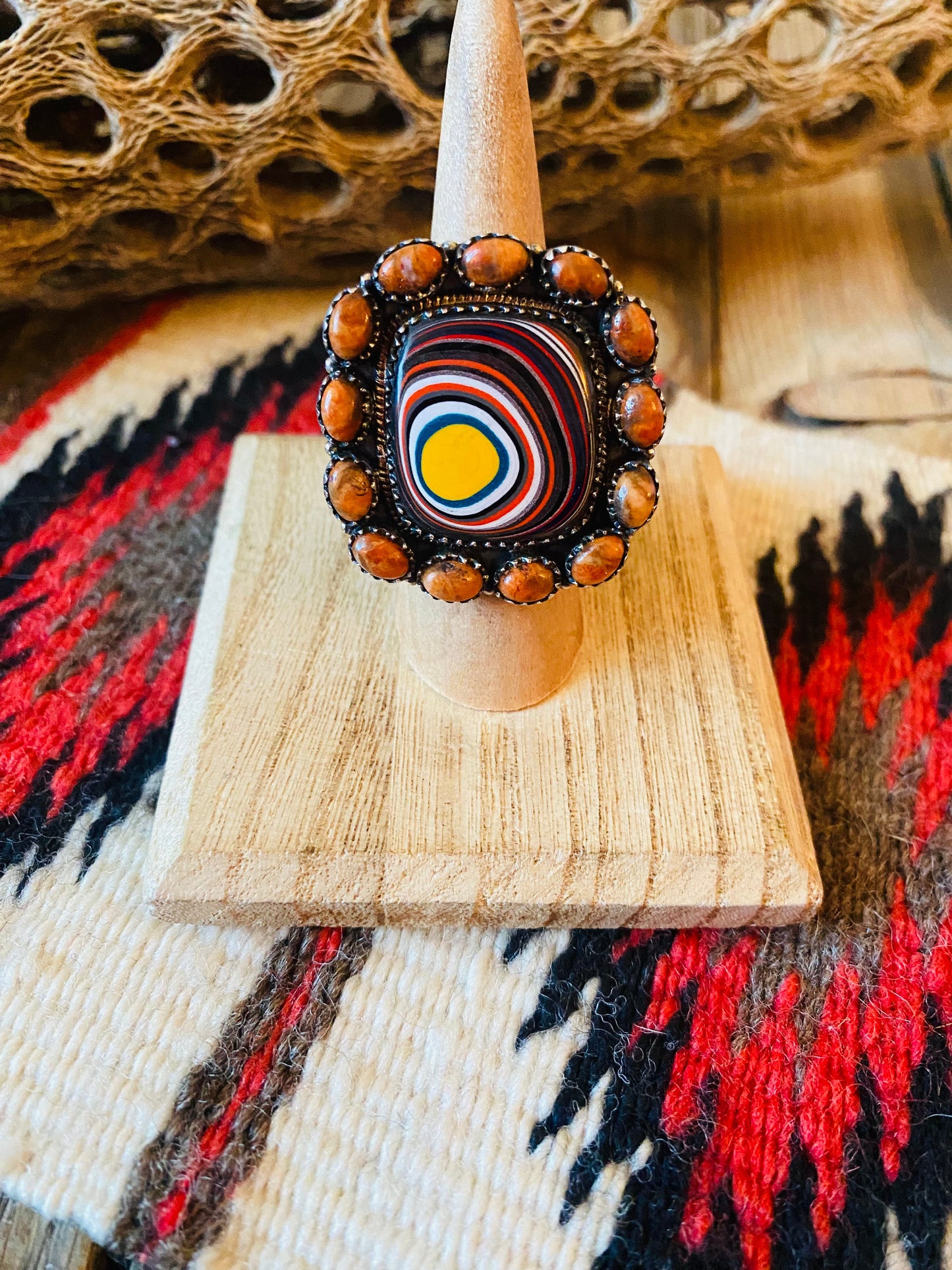 Handmade Sterling Silver, Fordite & Orange Mohave Cluster Adjustable Ring
