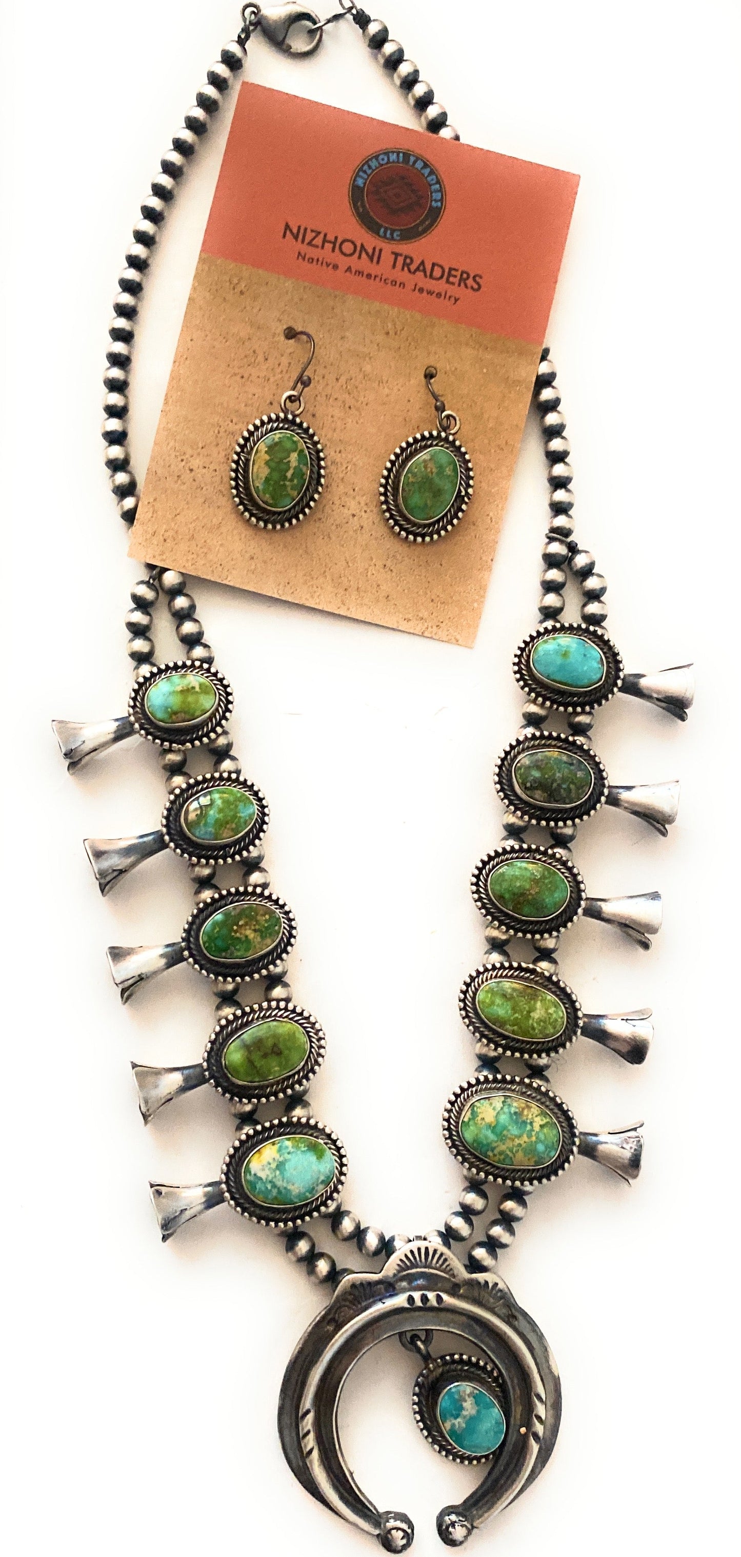 Handcrafted Sonoran Gold Turquoise & Sterling Silver Squash Blossom Necklace Set