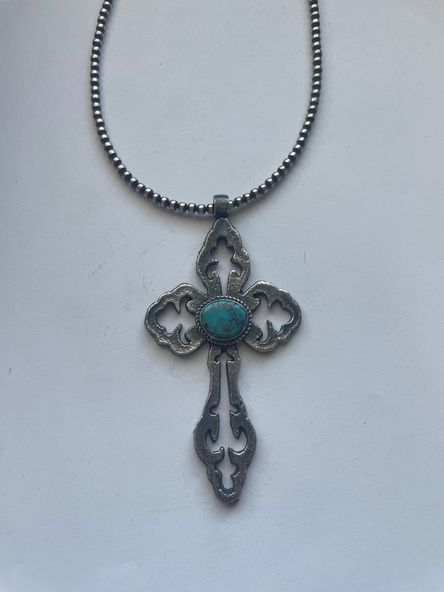 Handcrafted Sterling Silver & Turquoise Cross Pendant Signed Eugene Mitchell
