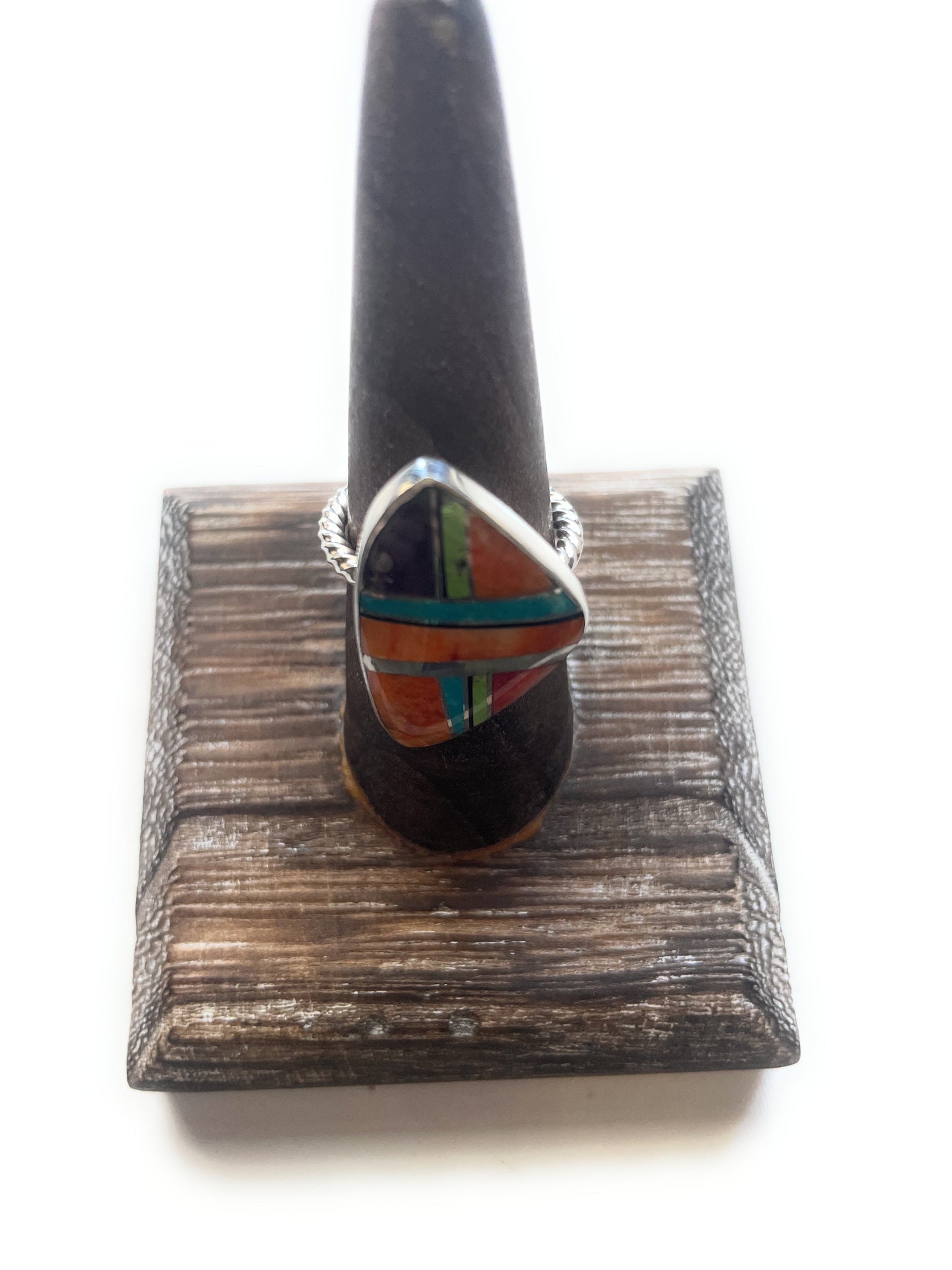 Handcrafted Sterling Silver & Multi Stone Inlay Ring Size 7.5