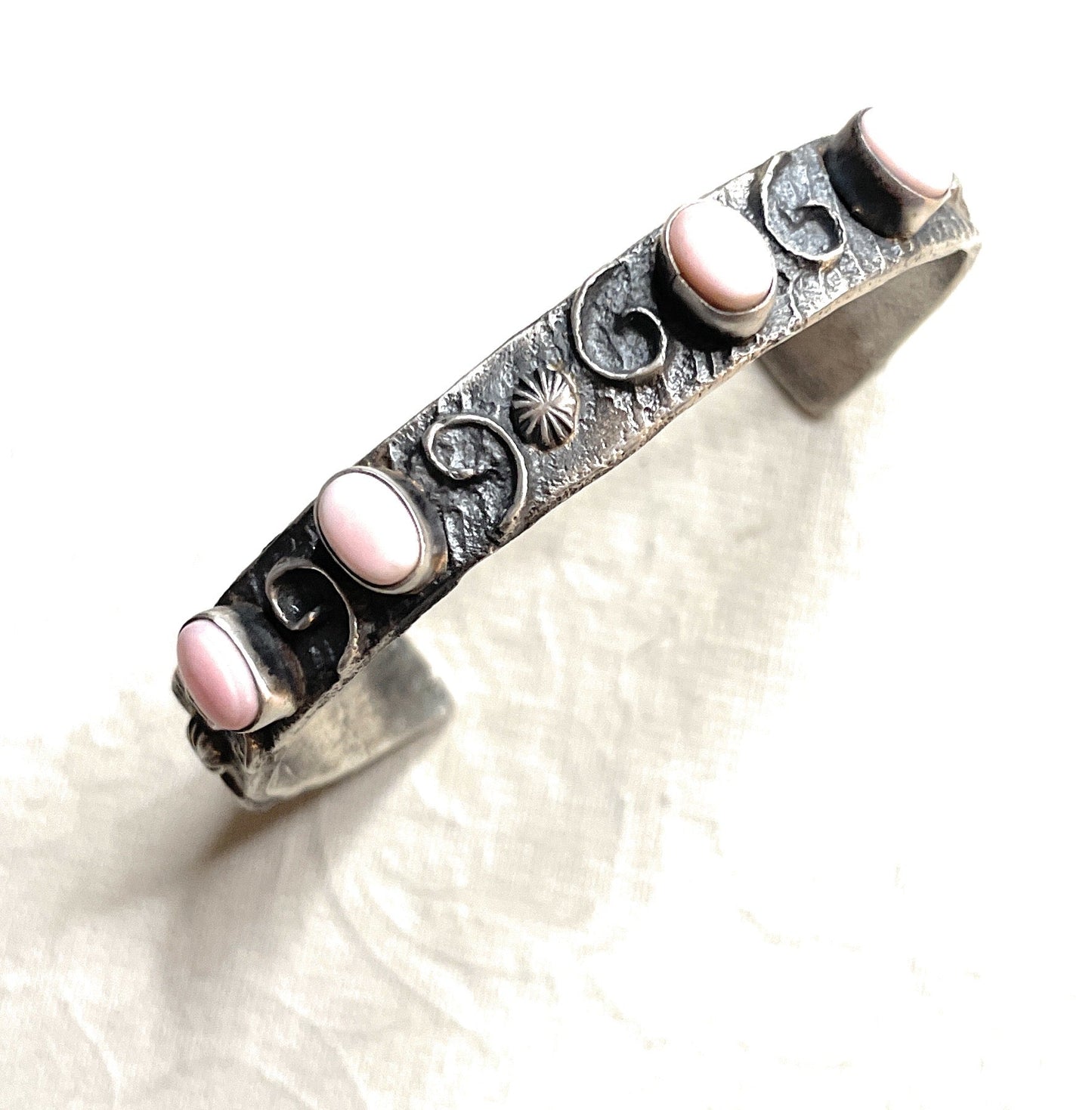 Handcrafted Pink Conch & Sterling Silver Tufa Cast Cuff Bracelet Signed