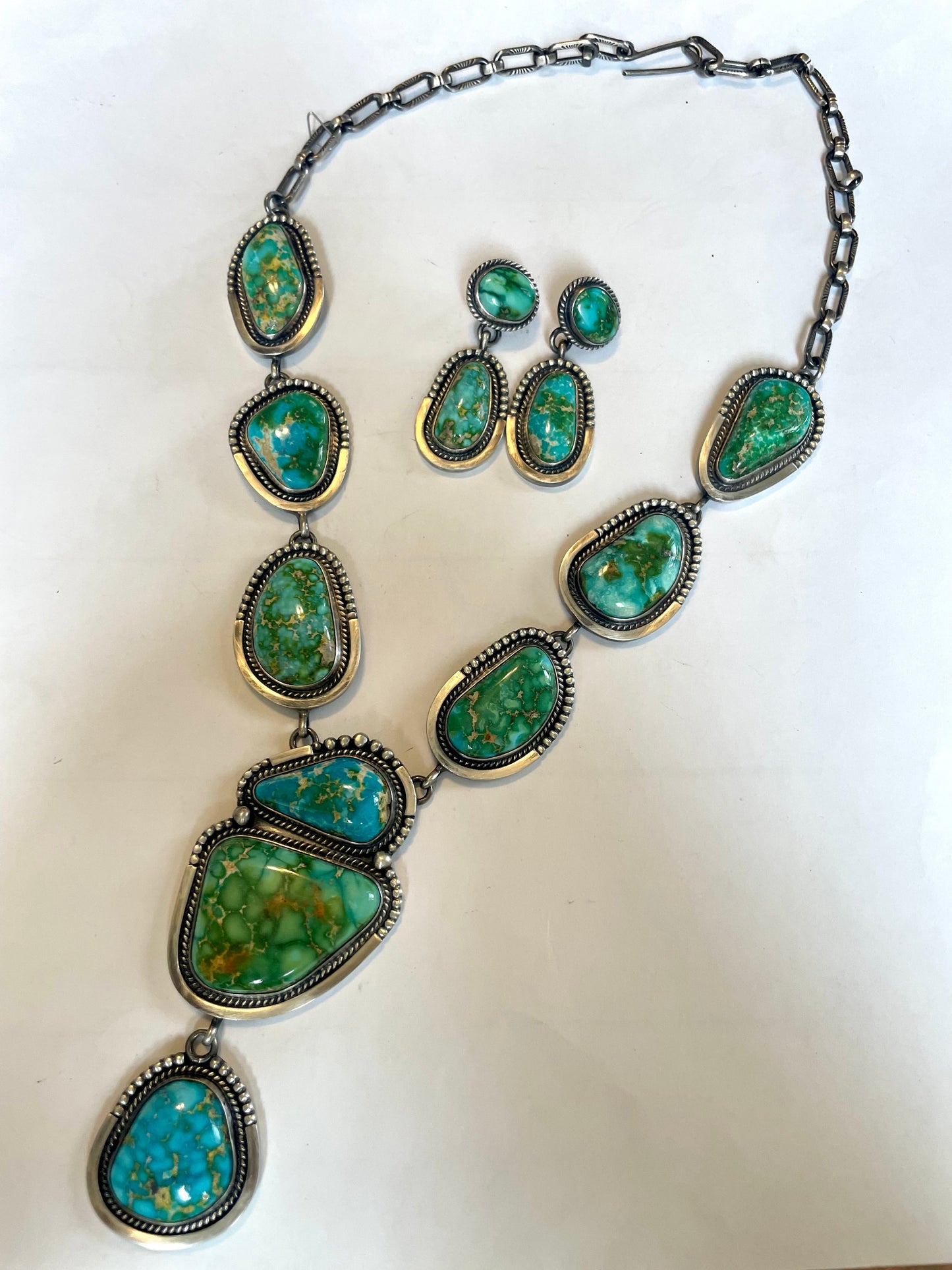 Beautiful Handcrafted Sterling Silver Sonoran Mountain Turquoise Necklace & Earring Set by Loretta Delgarito
