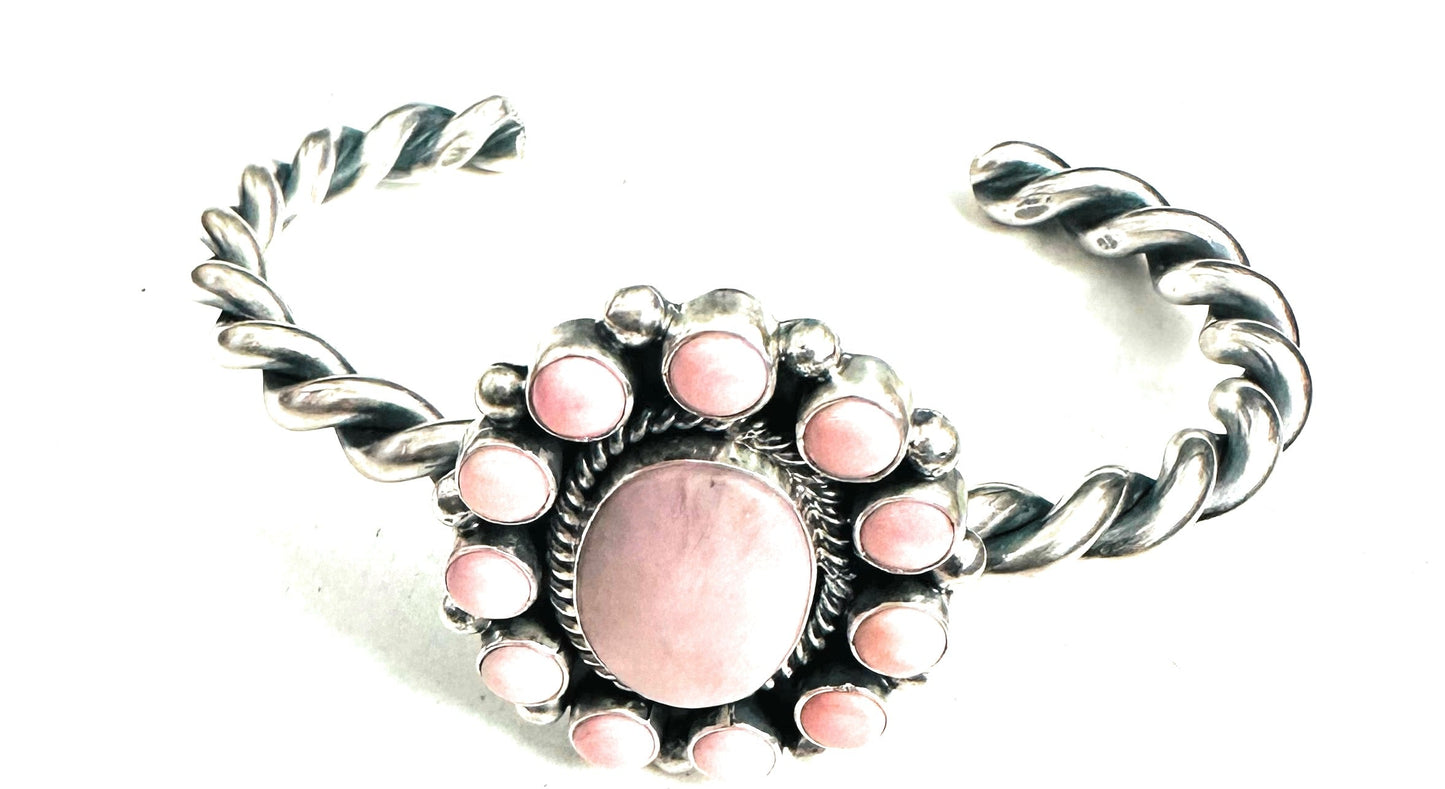 Handcrafted Queen Pink Conch Shell & Sterling Silver Cluster Cuff Bracelet /