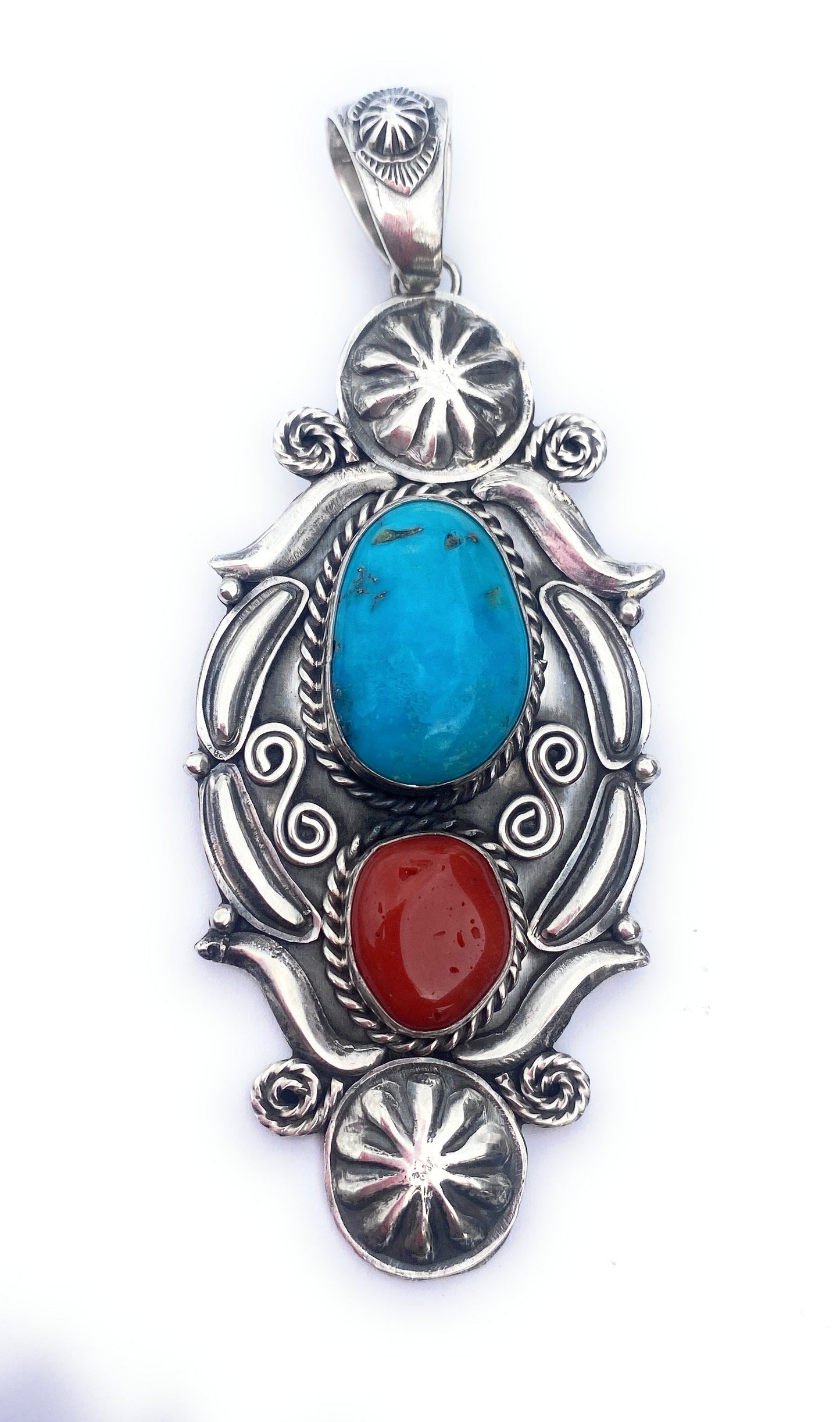 Handcrafted Sterling Silver, Kingman Turquoise & Coral Pendant Signed