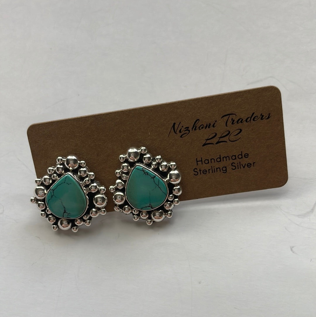Handmade Turquoise and Sterling Silver Tear Drop or Oval Stud Earrings Signed Nizhoni