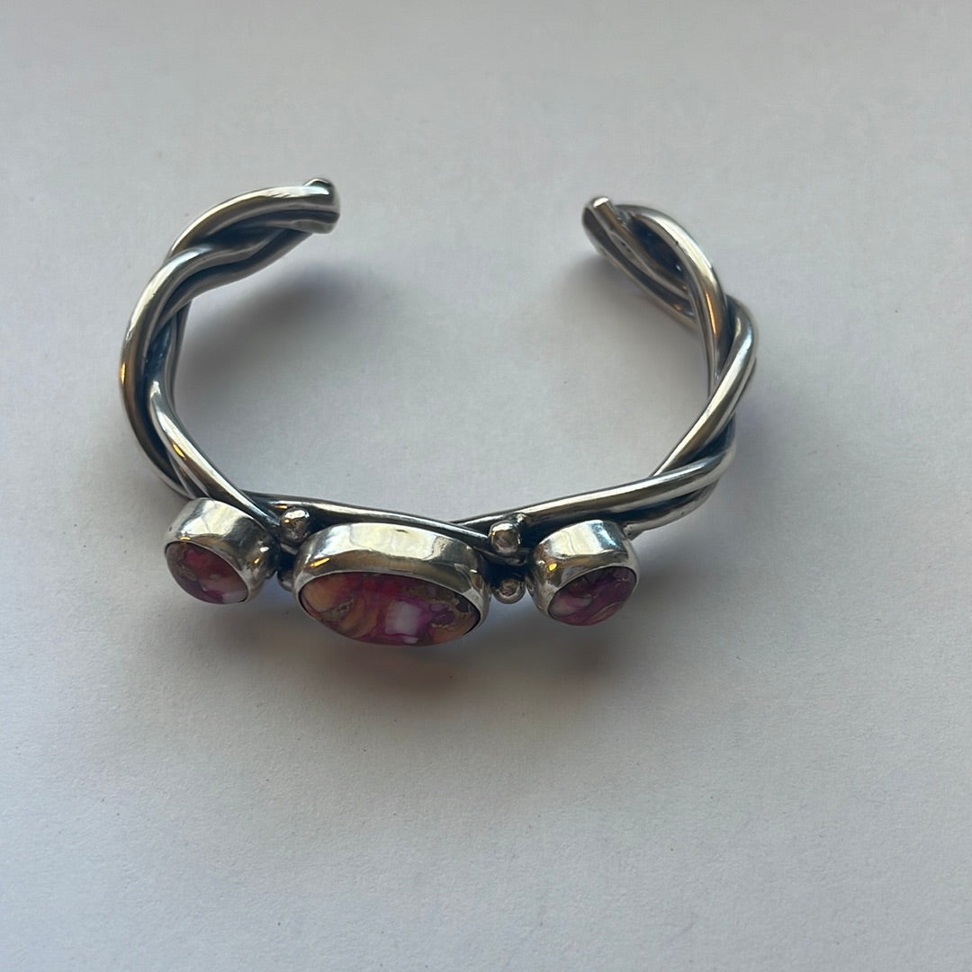 Handcrafted Pink Dream Mojave & Sterling Silver Cuff Bracelet Signed