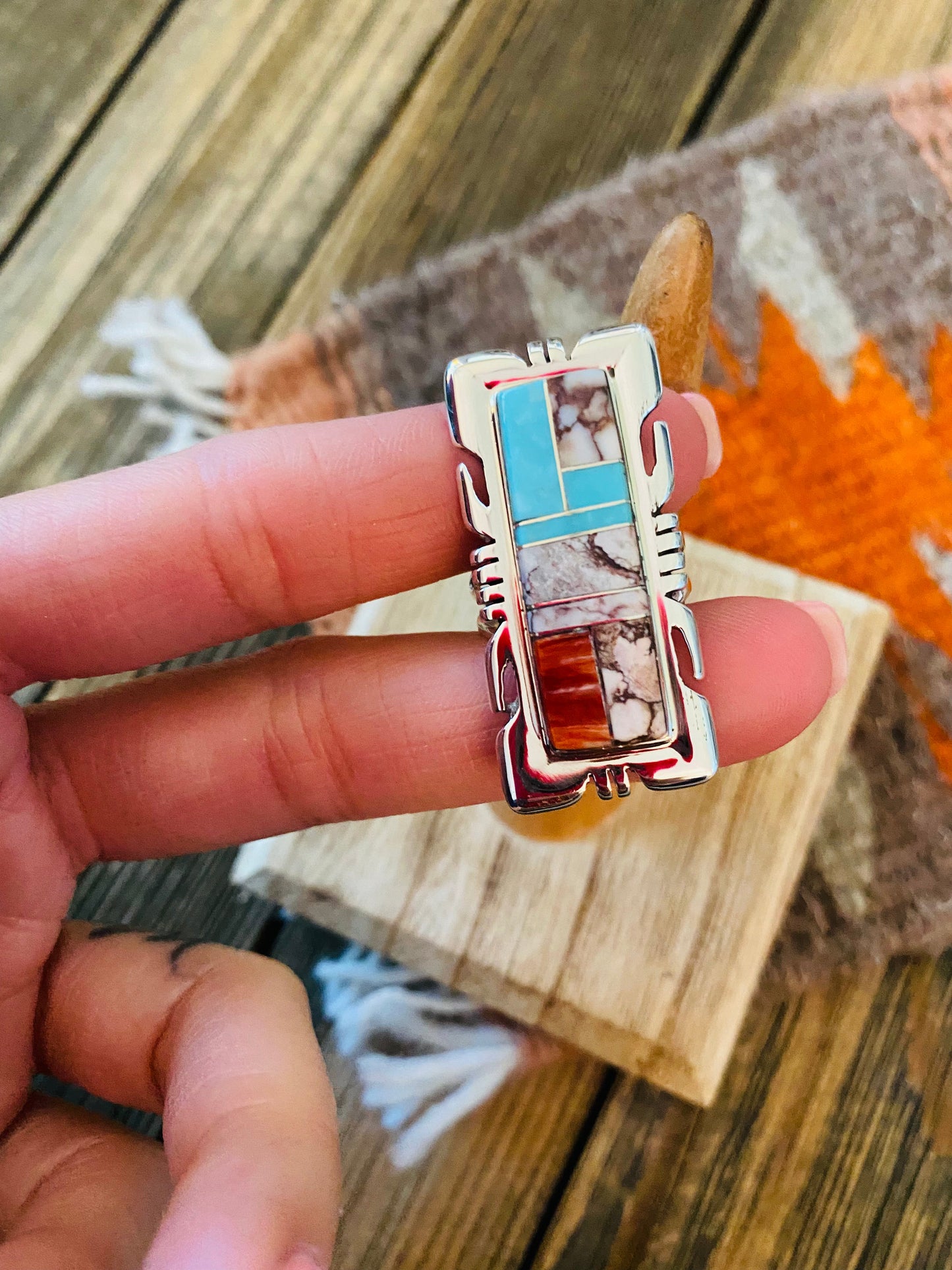 Handcrafted Sterling Silver & Multi Stone Inlay Ring Size 7.75