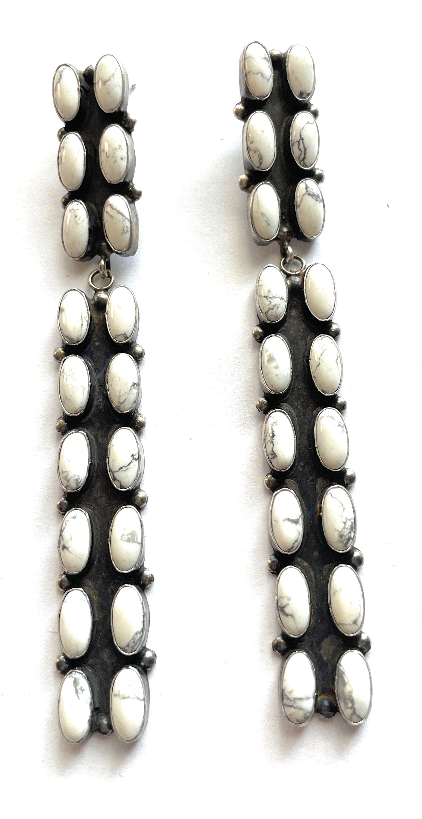 Handcrafted Jacqueline Silver White Buffalo & Sterling Silver Dangle Earrings Signed