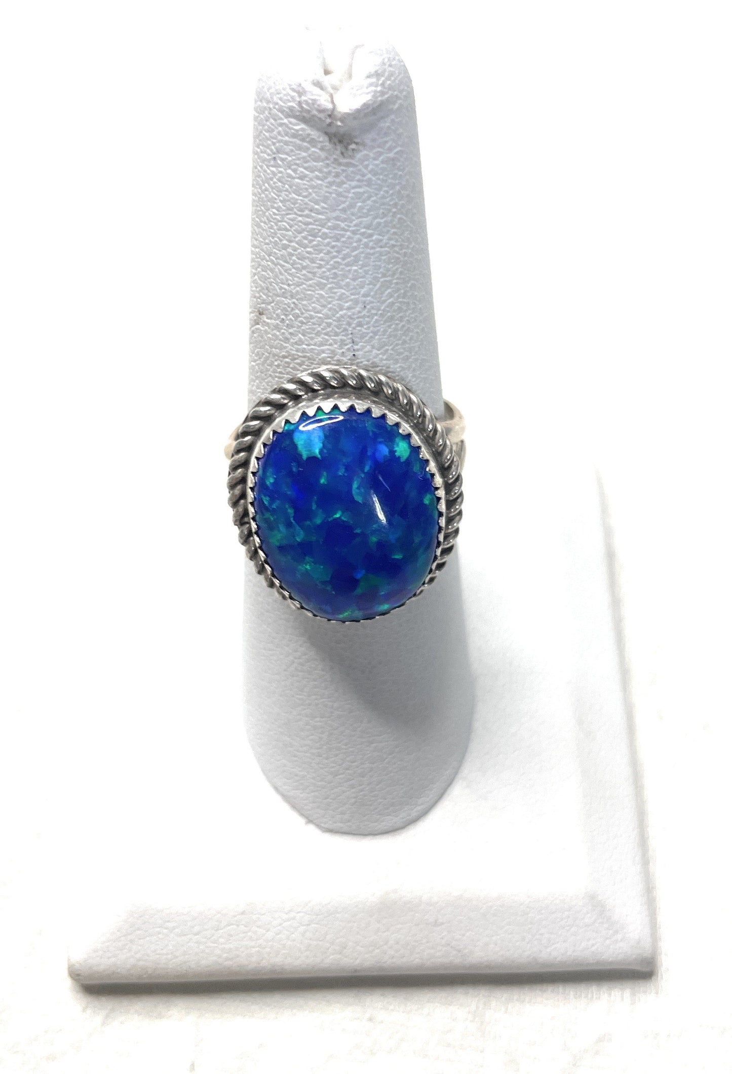 Navajo Man Made Sterling Silver & Blue Opal Ring Signed