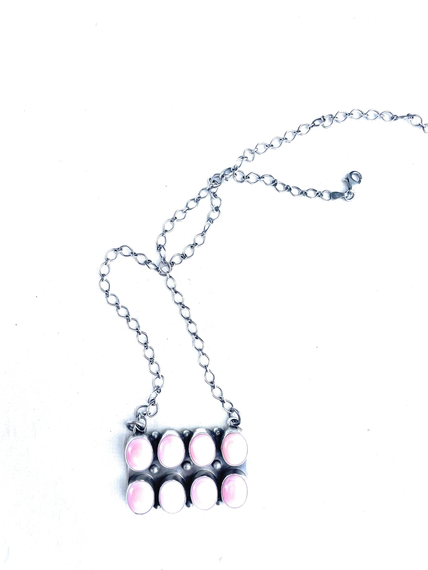 8 Stone Queen Pink Conch Shell And Sterling Silver Necklace Signed