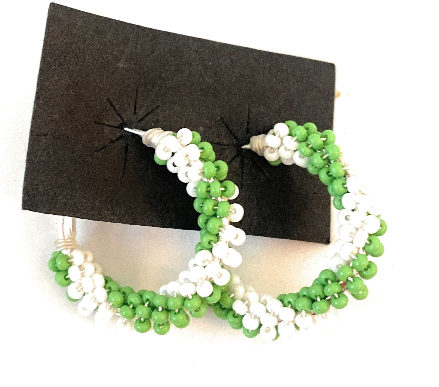 Handcrafted Handmade Beaded Hoop Earrings- green/white
