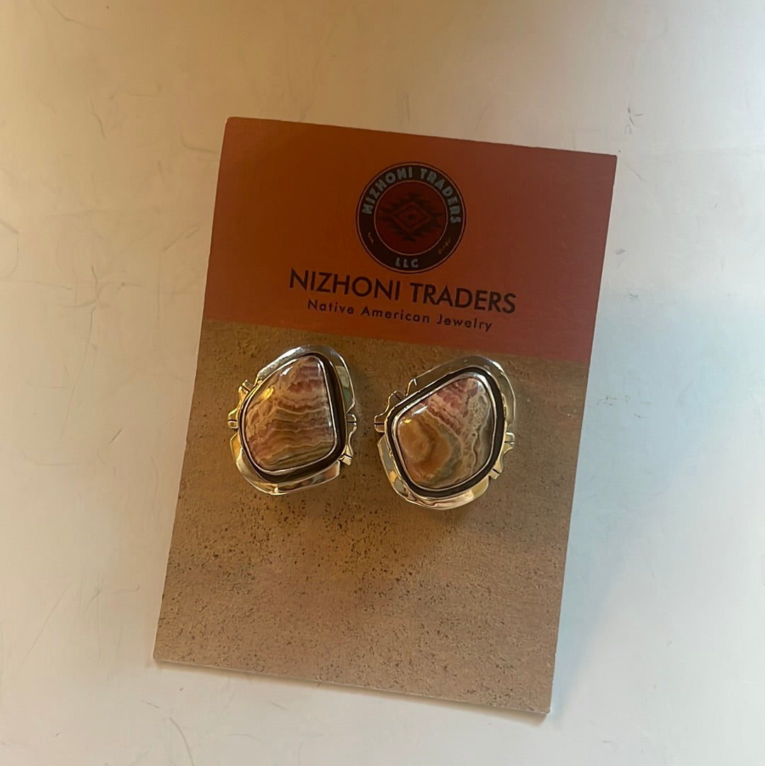 Handcrafted Sterling Silver & Rhodochrosite Stone Post Earrings Signed