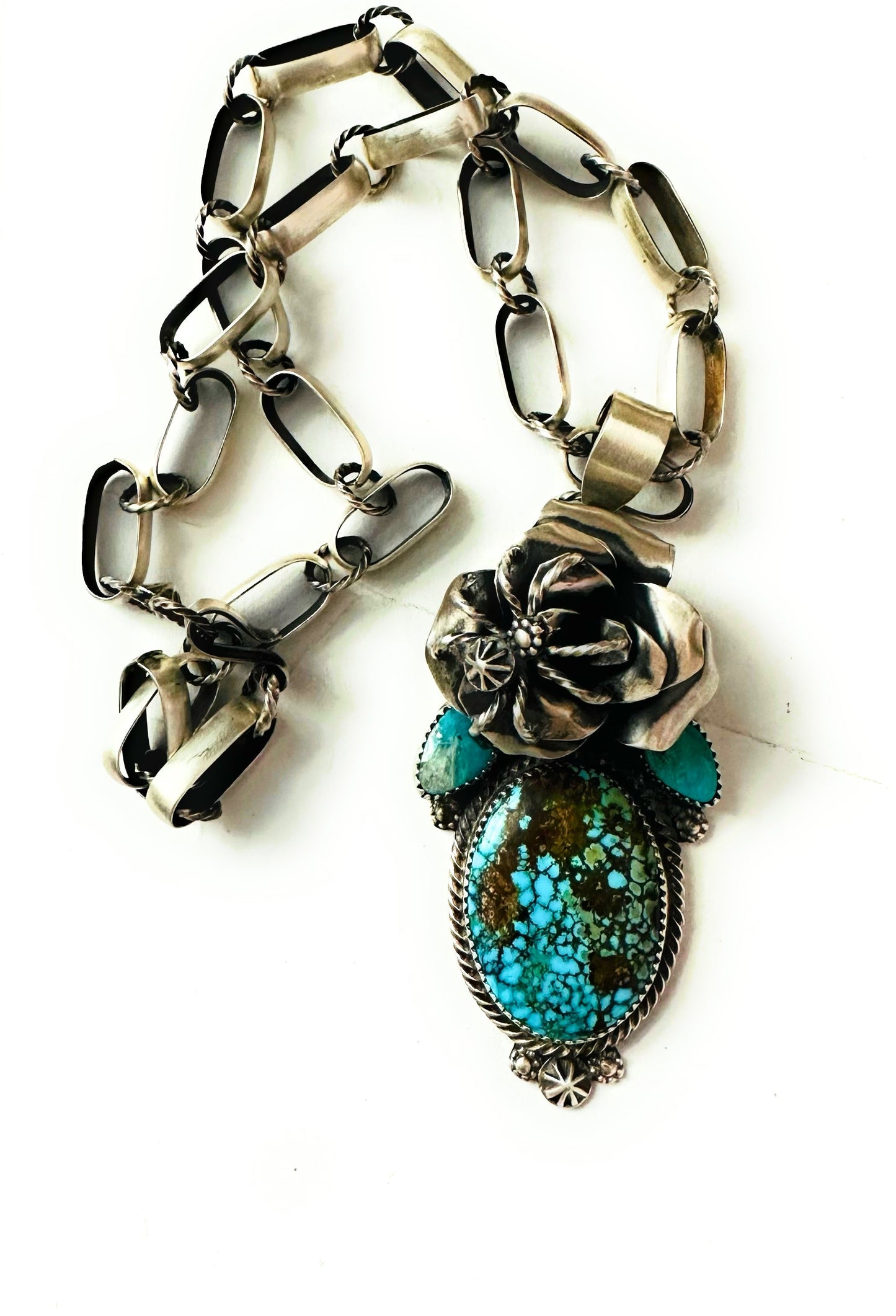 Handcrafted Sterling Silver & Kingman Web Turquoise Flower Spider Necklace