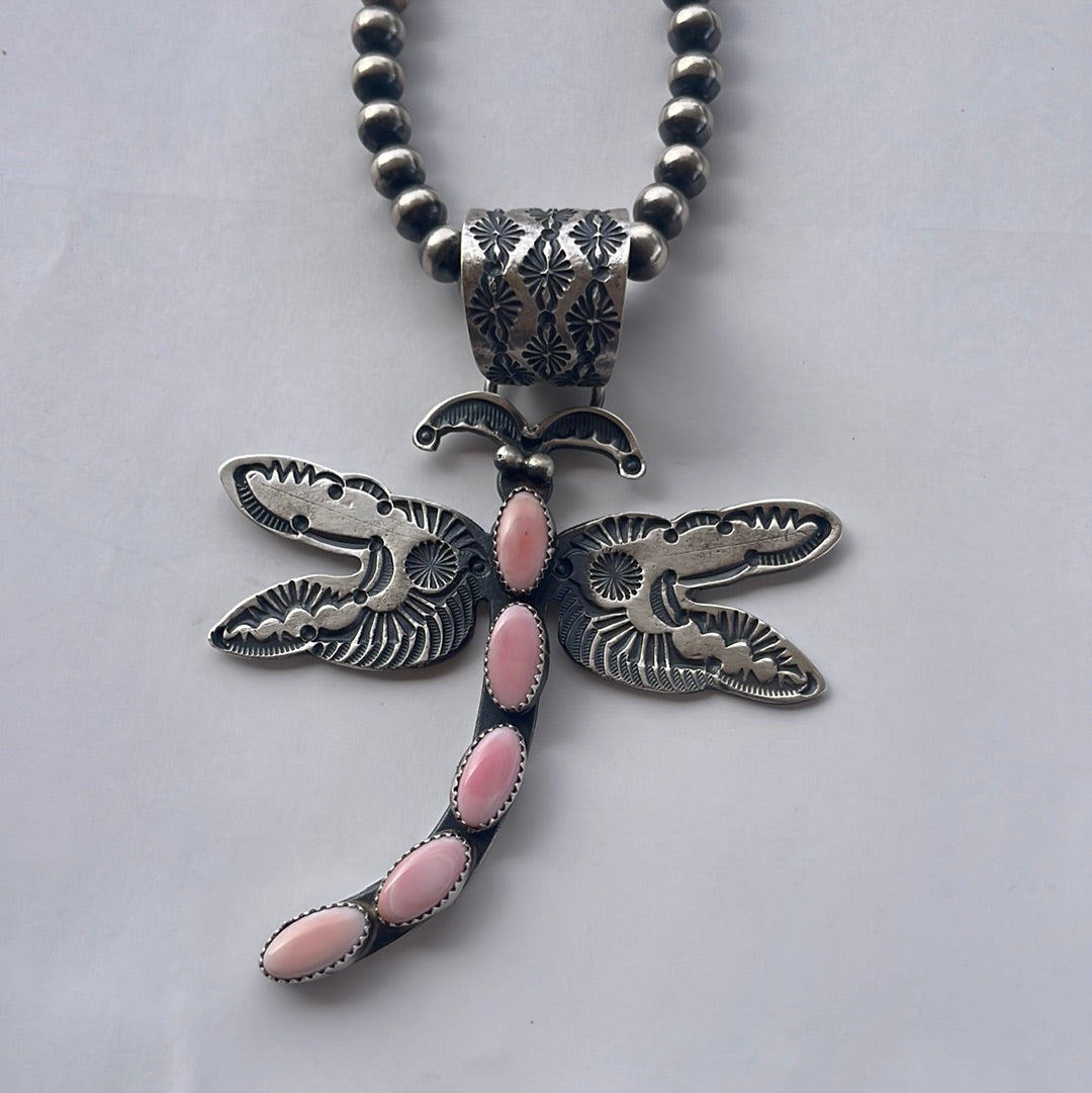 Handcrafted Pink Conch & Sterling Silver Dragonfly Pendant Signed E Billah
