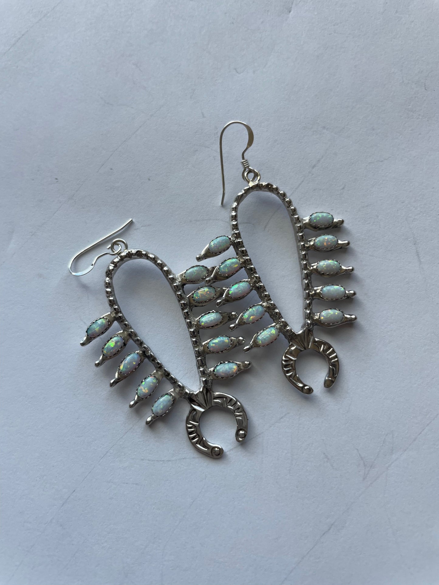 Handcrafted Sterling Silver & Opal Squash Blossom Dangle Earrings