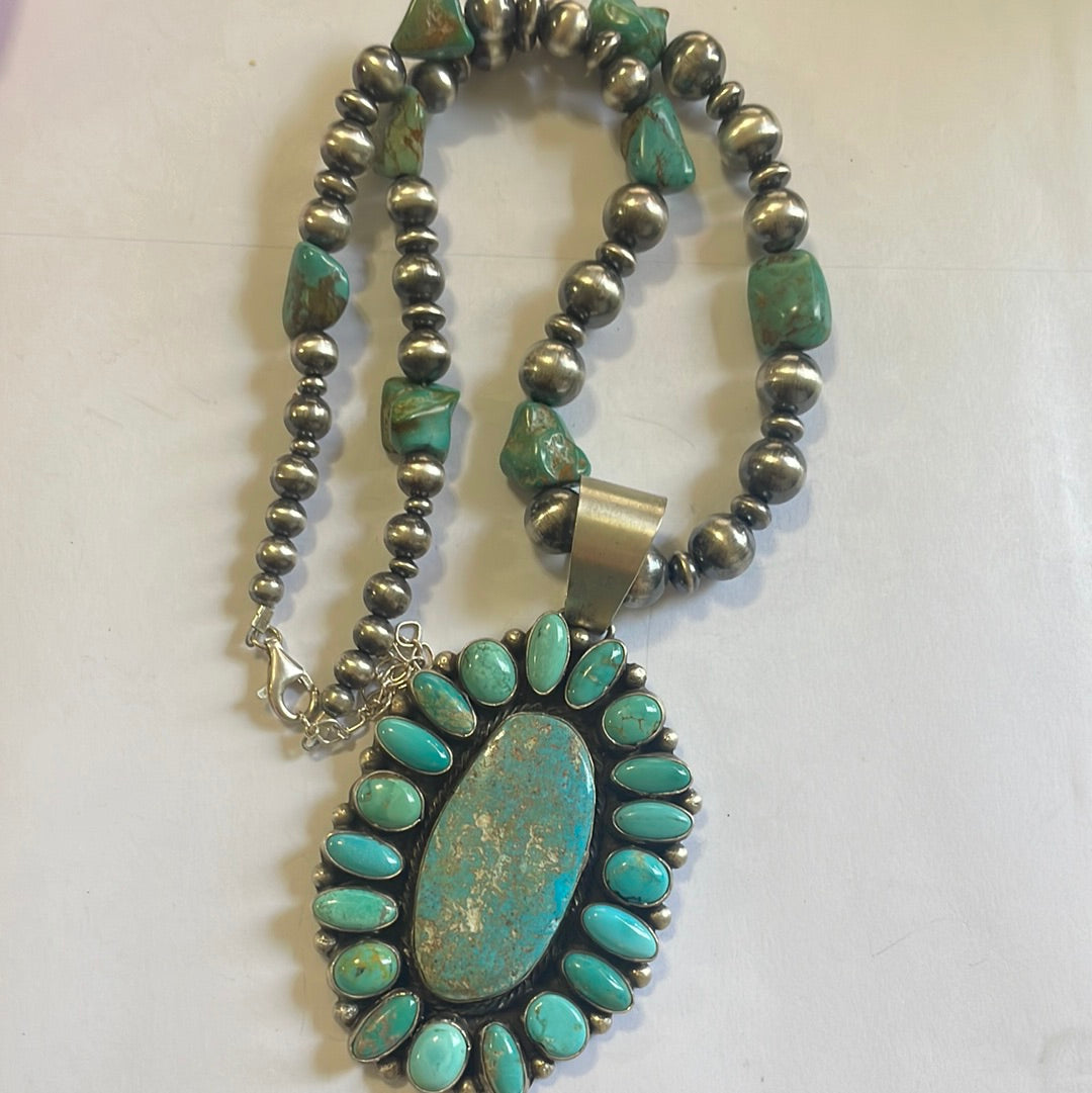 Beautiful Handcrafted Sterling Silver Beaded Turquoise Necklace With Pendant Signed Ella Peter