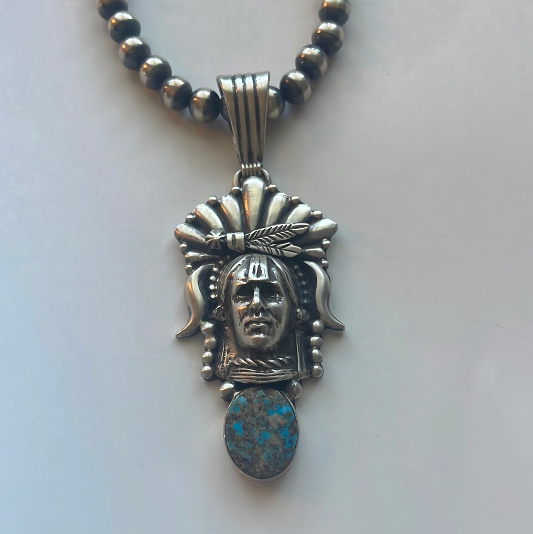 Beautiful Handcrafted Sterling Silver & Turquoise Chief Pendant Signed Russell Sam
