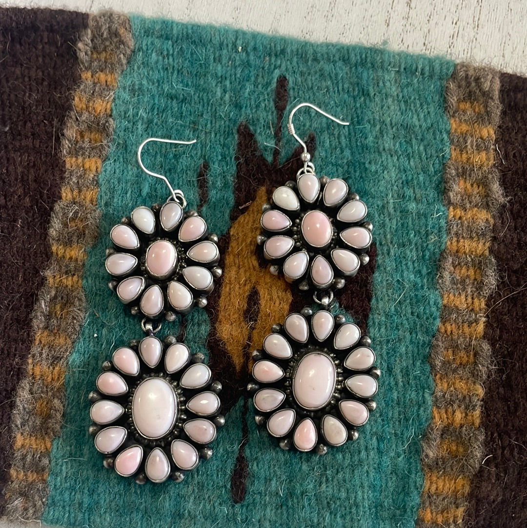 “The Sunday Morning” Handcrafted Pink Conch and Sterling Silver Flower Dangle Earrings Signed