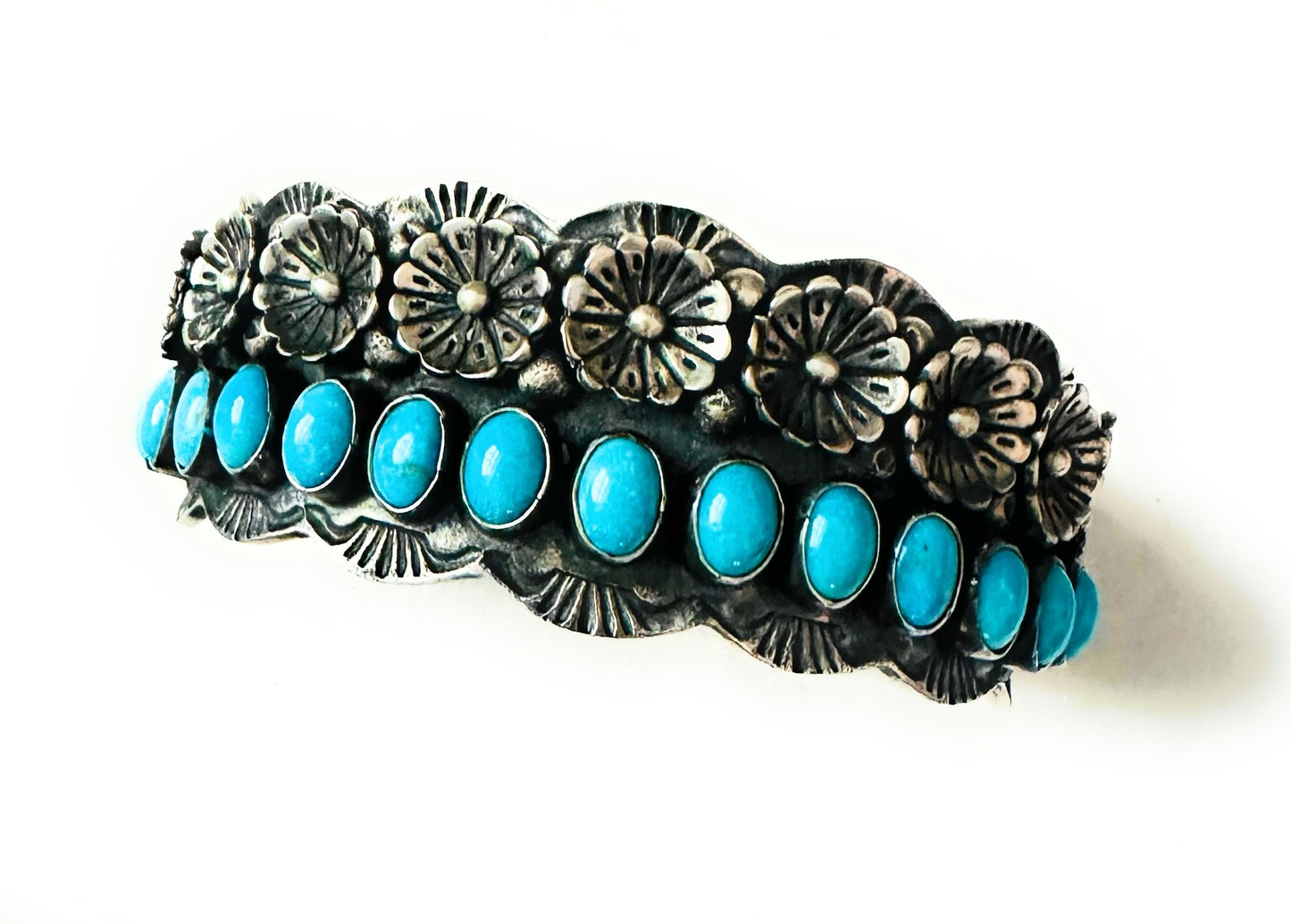 Handcrafted Turquoise & Sterling Silver Flower Cuff Bracelet /