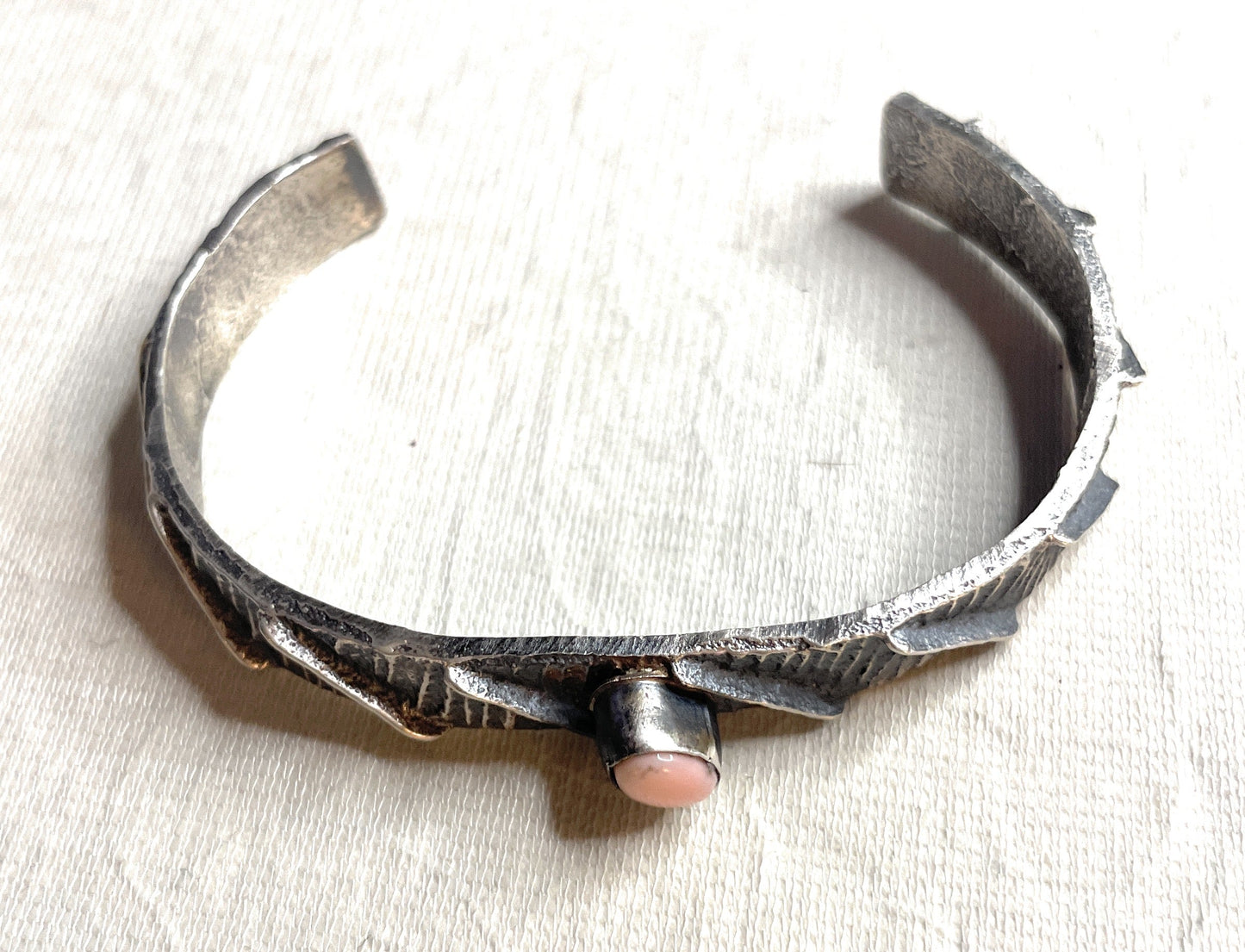 Handcrafted Pink Conch & Sterling Silver Tufa Cast Cuff Bracelet Signed