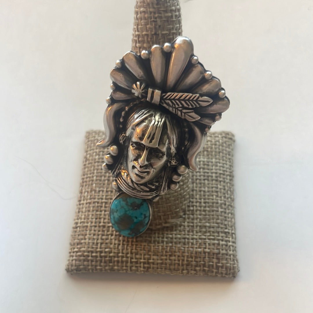 Beautiful Handcrafted Sterling Silver & Turquoise Chief Adjustable Ring Signed Russell Sam