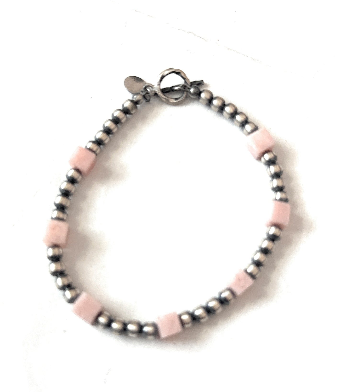 Handcrafted Queen Pink Conch Shell & Sterling Silver Beaded Bracelet
