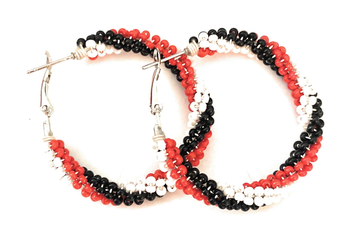 Handcrafted Handmade Beaded Hoop Earrings- red, black