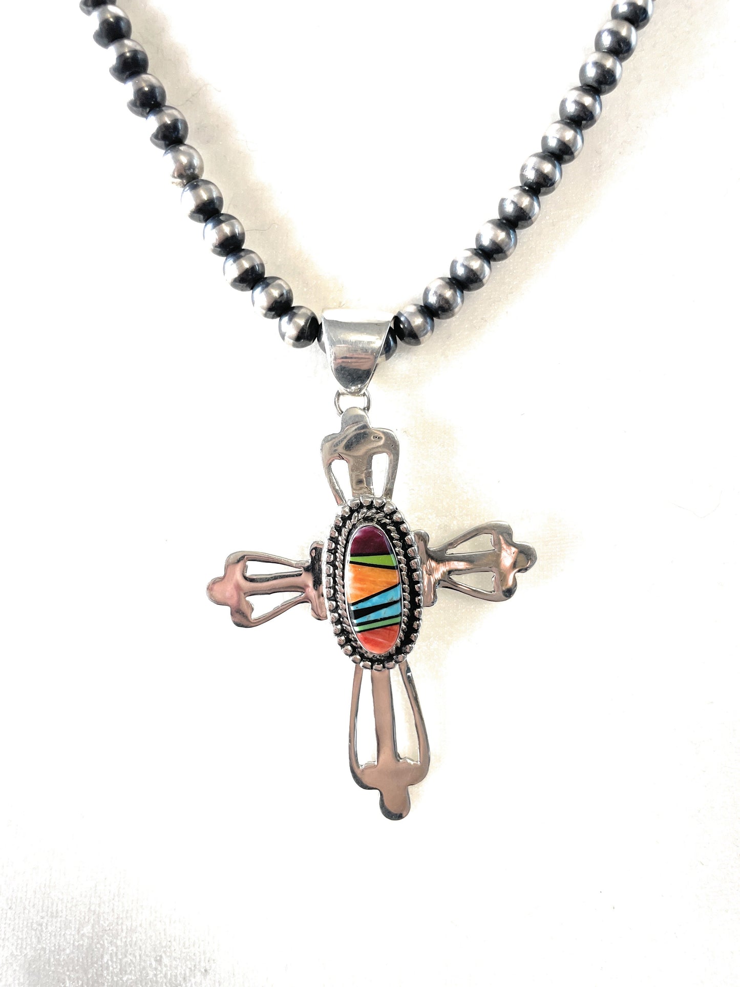 Handcrafted Multi Stone Inlay & Sterling Silver Cross Pendant Signed