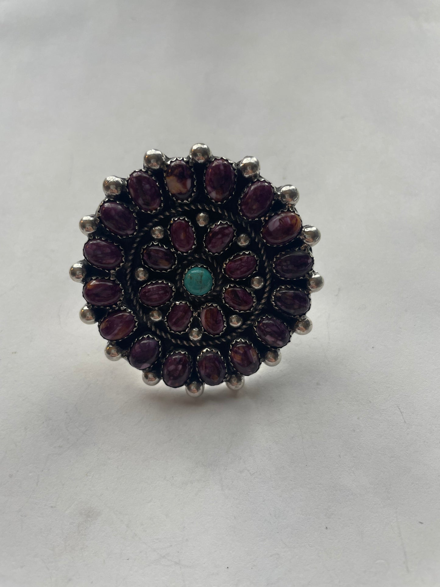 Handcrafted Turquoise And Purple Spiny Sterling Silver Adjustable Ring