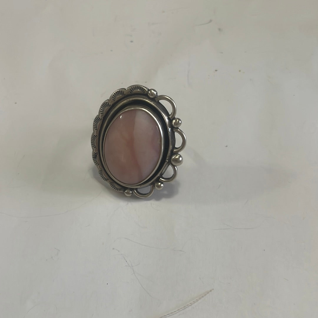 Gorgeous Handcrafted Pink Peruvian Opal And Sterling Silver Adjustable Ring