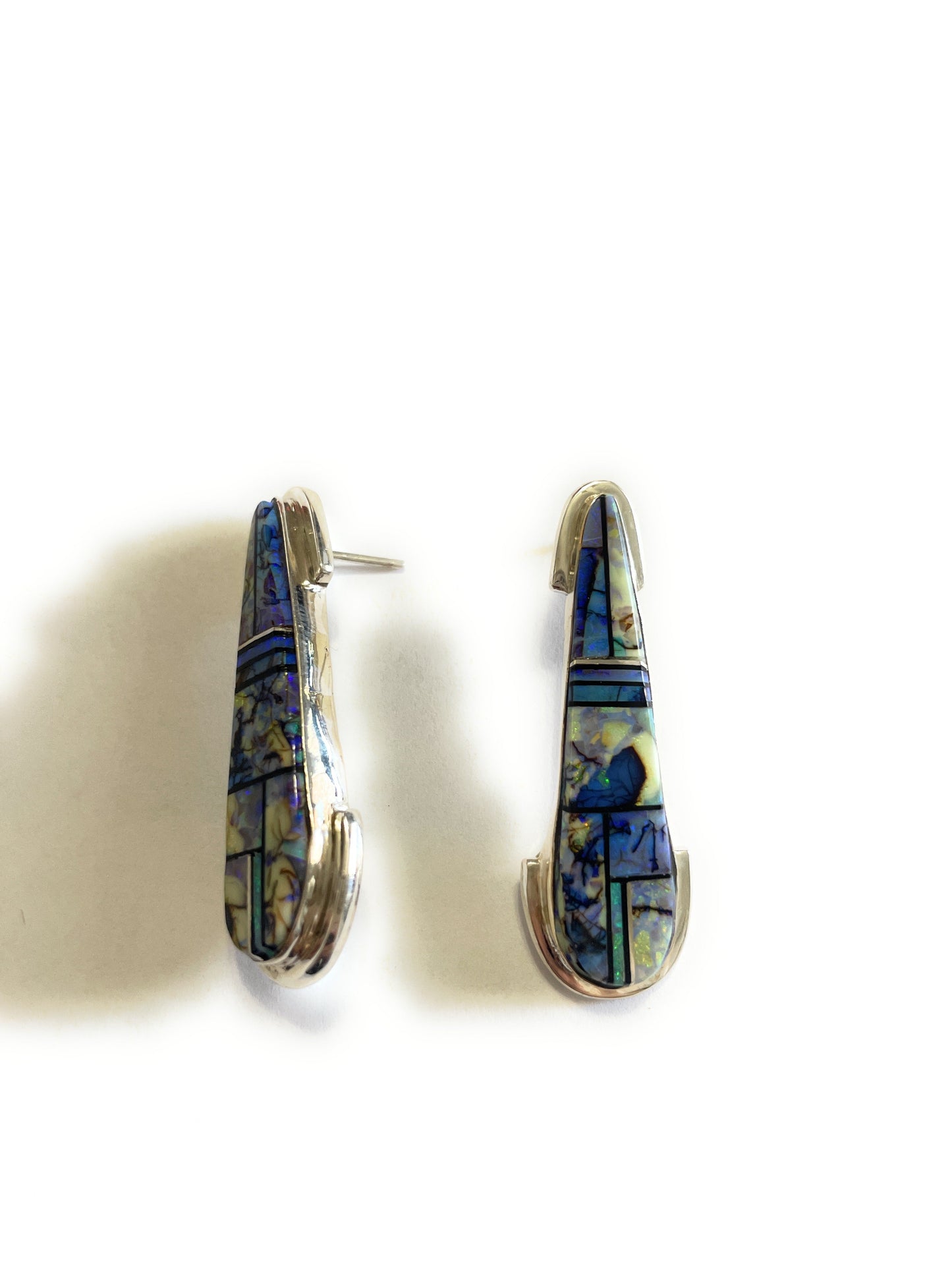 Handcrafted Blue Opal Inlay & Sterling Silver Dangle Earrings Signed VS