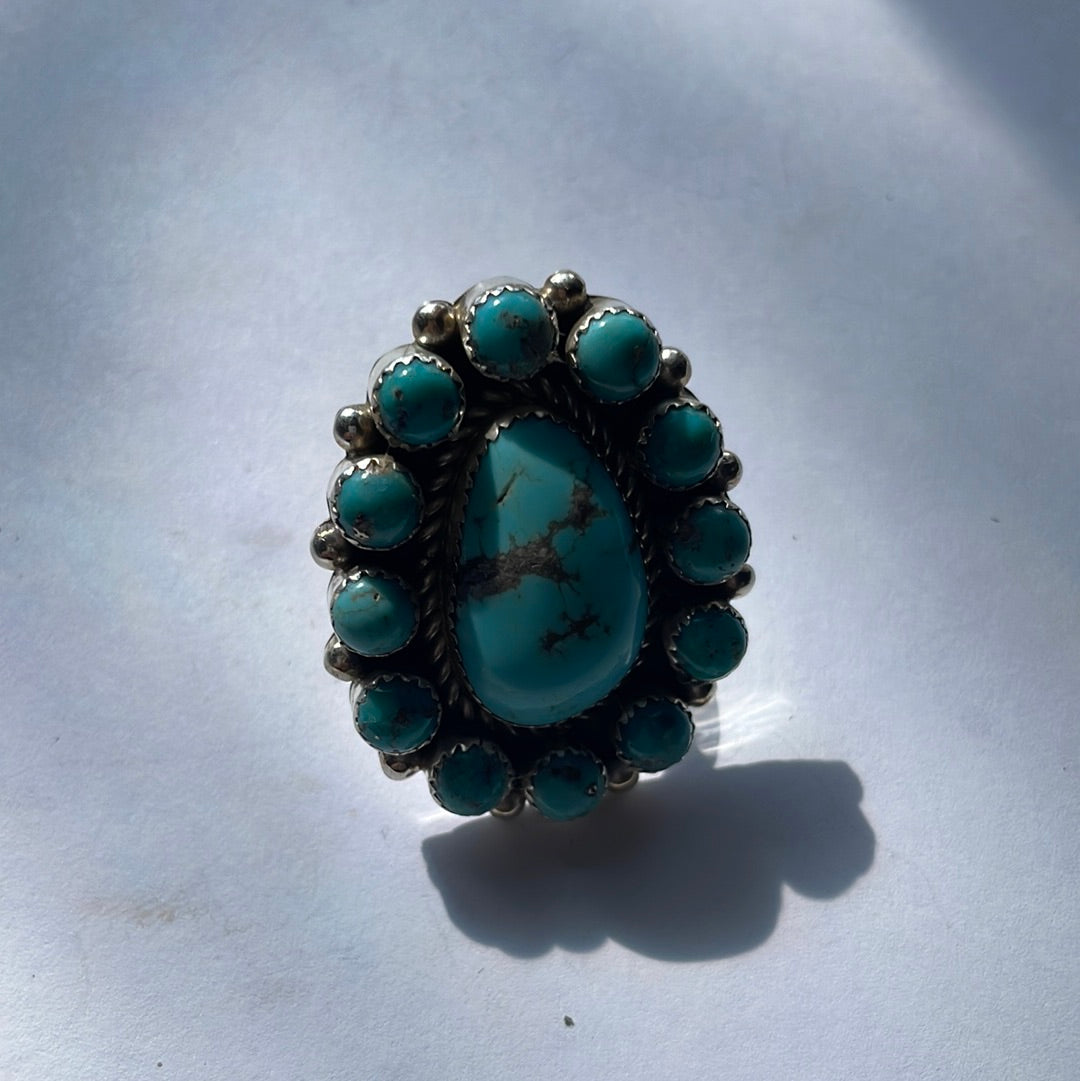 Handcrafted Turquoise & Sterling Silver Ring Size 8.5 Signed Robert Shakey