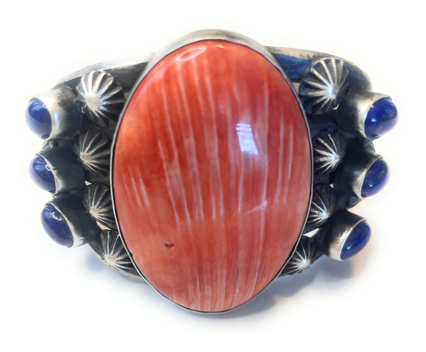 Chimney Butte Handcrafted Orange Spiny And Lapis Sterling Silver Cuff Bracelet Signed